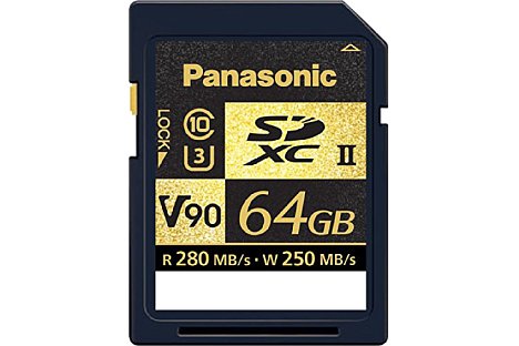 Bild Eine der schnellsten SDXC UHS II Karten am Markt stammt von Panasonic. Sie erfüllt die Class 10, die UHS Speed Class 30 und die Video Speed Class 90. Die maximale Schreibgeschwindigkeit liegt bei 250 MB/s, die Lesegeschwindigkeit erreicht bis zu 280 MB/s. [Foto: Panasonic]