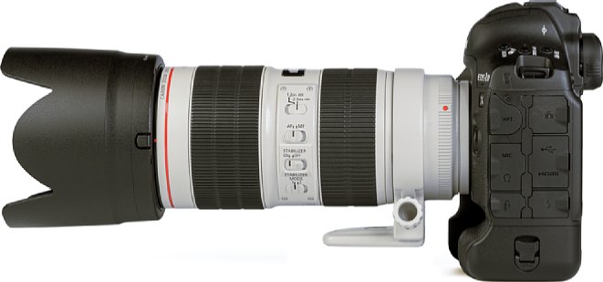 Bild An der Seite des Canon EF 70-200 mm 2.8 L IS III USM, hier mit aufgesetzter Streulichtblende, sind insgesamt vier Schalter zu finden, von denen zwei den Fokus und zwei den Bildstabilisator steuern. [Foto: MediaNord]
