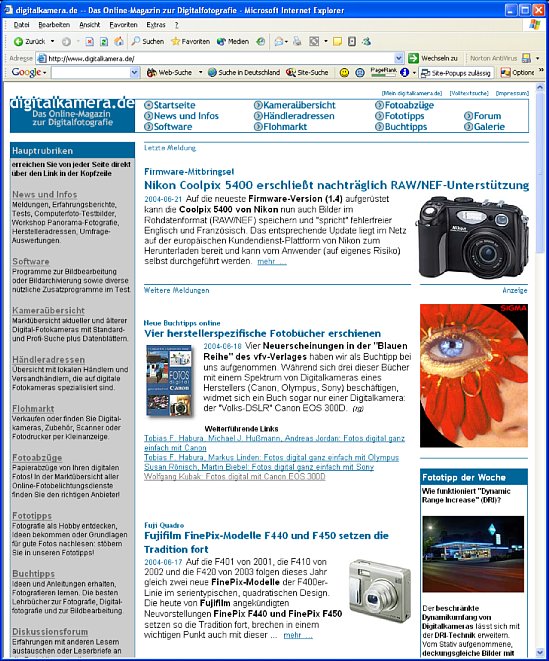 Bild digitalkamera.de gibt es schon seit 1997. Die Kameradatenbank stammt sogar aus 1996 und wurde später um die wenigen Modelle ergänzt, die davor erschienen sind. Das alte Design war in blau gehalten. Hier ein Screenshot von 21.06.2004. [Foto: MediaNord]
