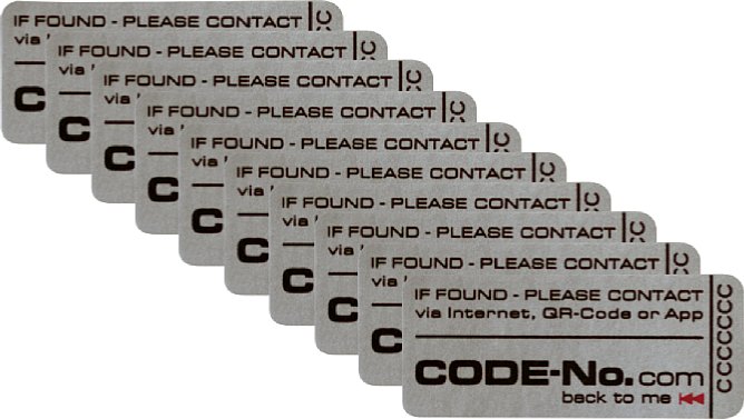 CODE-No.com 10er-Set Sicherheitslabel Standard-Rechteck PU-Folie silber [Foto: MediaNord]
