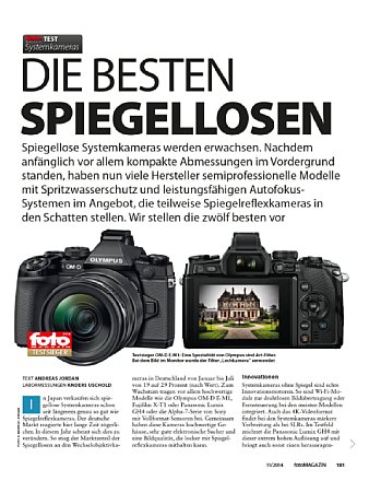 fotoMagazin 11/2014 Spiegellose Systemkameras im Test. [Foto: fotoMagazin]