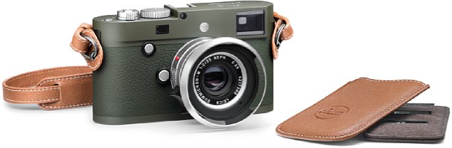 Bild Das Leica M-P Set "Safari" enthält neben der olivgrünen M-P das Summicron-M 1:2/35 mm Asph. und einen Trageriemen aus Vollrindleder in der Farbe Cognac. 1.500 der Sets möchte Leica weltweit zu je 9.900 Euro verkaufen. [Foto: Leica]