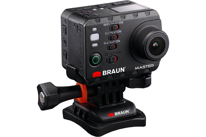 Bild Braun Master Actioncam im Cradle und mit angesetztem Monitor. So ist die Kamera voll bedienbar. [Foto: Braun Phototechnik]