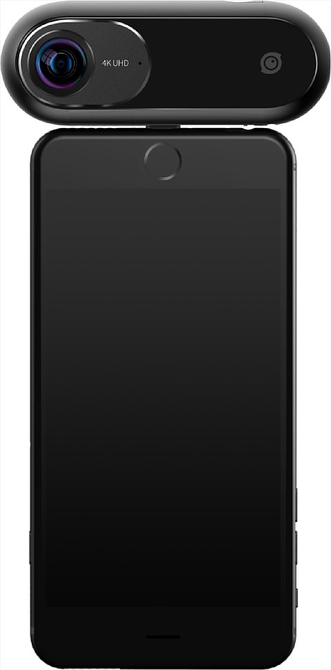 Bild Die Insta360 One eingesteckt ins iPhone 7. Ist das Smartphone eingeschaltet und entsperrt, startet automatisch die passende App und liefert ein Live-Bild oder kann die in der Kamera vorhandenen Bilder mobil verarbeiten. [Foto: Insta360]