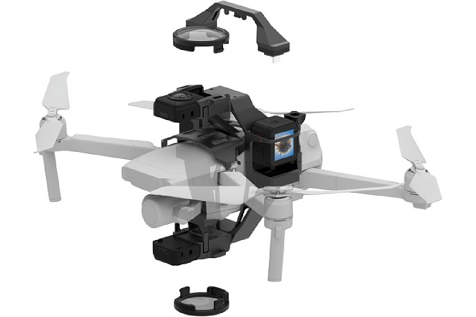 Bild Der Aerial Mod soll die Insta360 One R in Verbindung mit einer DJI Mavic 2 Drohne zu einer fliegenden 360-Grad-Kamera machen. [Foto: Insta360]