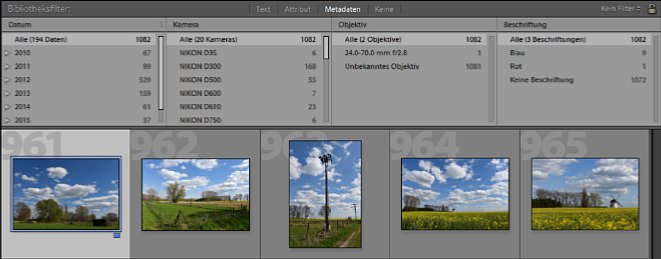 Bild In der Filteransicht für die Bibliothek kann der Bildbearbeiter die Metadatenansicht aktivieren. Zudem lässt sich die Ansicht noch optisch anpassen. [Foto: Markt+Technik]