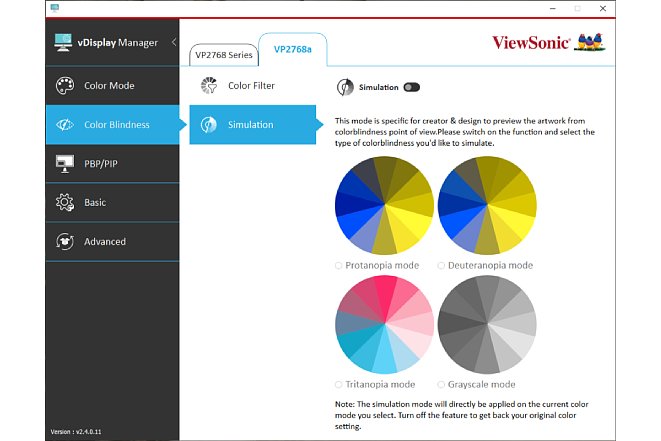 Bild Über den vDisplay Manager kann der ViewSonic VP2768A verschiedene Arten der Farbenblindheit simulieren. [Foto: MediaNord]
