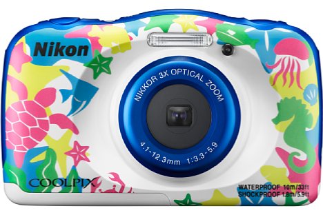 Bild Ab Oktober 2016 soll diese fünfte, "Marine" genannte Farbvariante der Nikon Coolpix W100 erhältlich sein. Die bunten Motive aus der Meeresbewohner sollten vor allem kleine Kinder ansprechen. [Foto: Nikon]