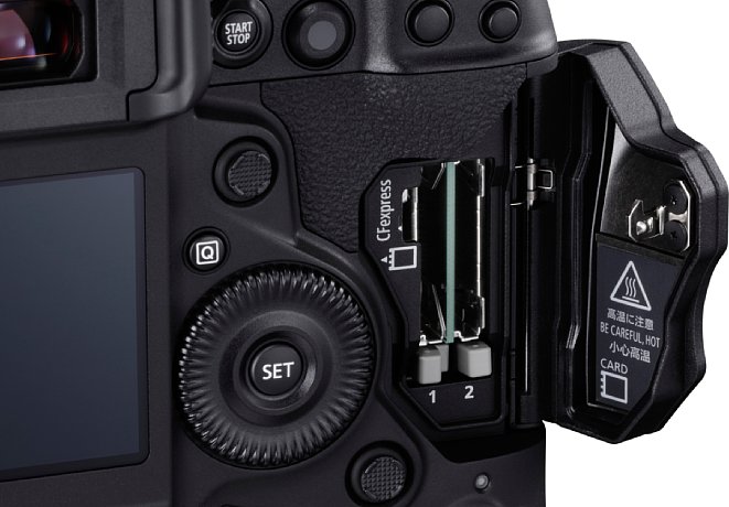 Bild Das Speicherkartenfach der Canon EOS-1D X Mark III nimmt zwei CFexpress-Karten des Typs B auf. Die bis zu 2000 MB/s schnellen Speicherkarten können im Betrieb sehr heiß werden. [Foto: Canon]