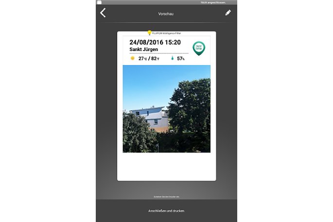Bild In der Instax-App lassen sich tagesaktuelle Daten, wie Temperatur und Zeit automatisch auf ein Bild bannen. [Foto: Medianord]