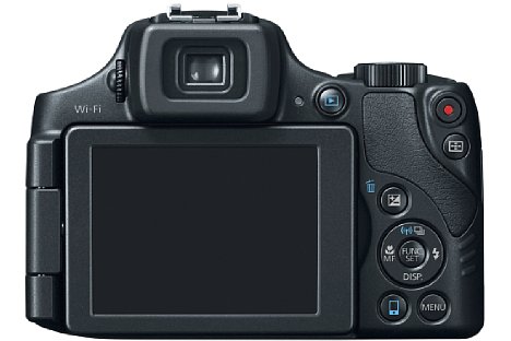 Bild Auf der Rückseite besitzt die Canon PowerShot SX60 HS sowohl einen elektronischen Sucher als auch ein dreh- und schwenkbares Display. [Foto: Canon]