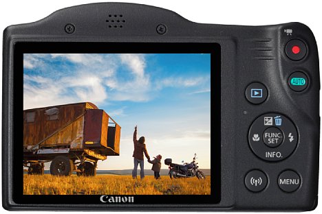 Bild Der rückwärtige 7,5-Zentimeter-Bildschirm der Canon PowerShot SX420 IS löst lediglich 230.000 Bildpunkte auf. [Foto: Canon]
