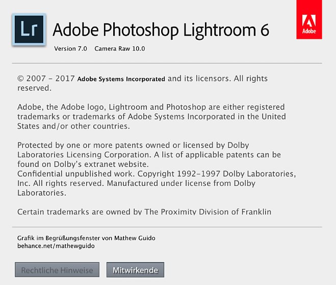 Bild Im Info-PopUp über das Programm lautet die Programmbezeichnung "Adobe Photoshop 6 Version 7.0 mit Camera Raw 10.0". [Foto: Thomas Becker (Screenshot)]