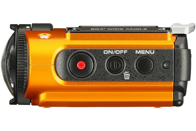 Bild Linke Gehäuseseite der Ricoh WG-M2 mit der Aufnahmetaste, dem Ein/Aus-Schalter und der Menü-Taste. [Foto: Pentax]