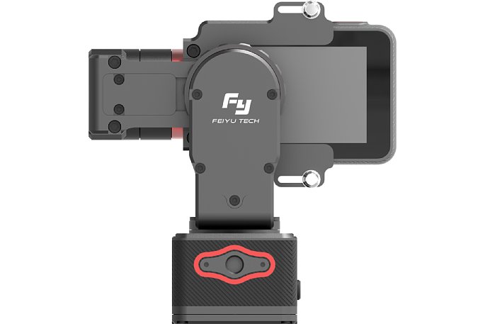 Bild FeiyuTech FY-WG2 (Kamera nicht im Lieferumfang enthalten). Auf der Rückseite und Unterseite sitzt jeweils ein 1/4-Zoll Stativgewinde mit zwei Vertiefungen für den sogenannten Video-Pin (Verdrehschutz). [Foto: FeiyuTech]