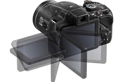 Bild Praktisch: Der Monitor der Nikon Coolpix P600 lässt sich drehen und schwenken. Über das eingebaute WLAN-Modul ist die P600 fernsteuerbar und überträgt Bilder auf mobile Geräte. [Foto: Nikon]