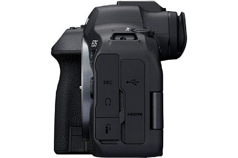Bild Bei den Schnittstellen setzt die Canon EOS R6 Mark II weiterhin auf zwei 3,5 mm Klinkenbuchsen für den Mikrofoneingang und Kopfhörerausgang, USB-C mit Power Delivery zur Stromversorgung und die kleine Micro-HDMI-Buchse. [Foto: Canon]