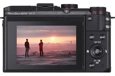 Bild Der acht Zentimeter große Bildschirm der Canon PowerShot G3 X bringt es auf stattliche 1,6 Millionen Bildpunkte Auflösung. Einen Sucher hingegen gibt es nur optional, er lässt sich in den Blitzschuh schieben. [Foto: Canon]