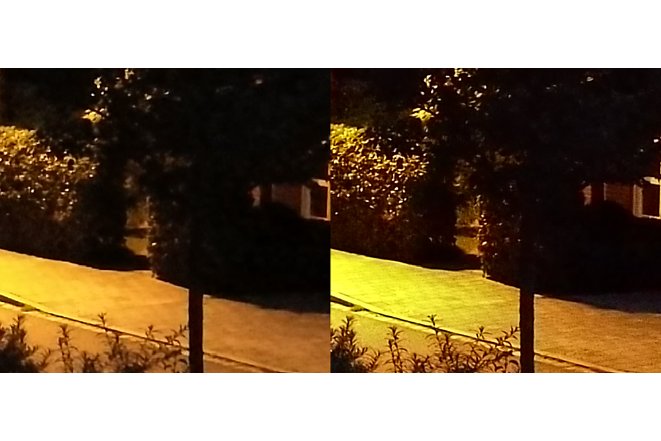 Bild Huawei P9 Plus Bildvergleich (100 % Darstellung). Die Aufnahme mit zwei Kameras (rechts) enthält deutlich mehr Bildinformationen. Das Pflaster des Gehwegs ist gut sichtbar, die Blätter an den Pflanzen viel konturierter. [Foto: MediaNord]