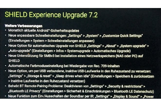 Bild Nvidia Shield Experience Upgrade 7.2: Zwei Seiten mit Neuerungen, darunter wirklich gravierende Sachen wie Sicherheits-Updates, neue Netzwerkprotokolle (SMBv3) oder verbesserte Fernbedienungs-Funktionen. [Foto: MediaNord]