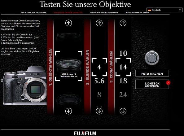 Bild Der Fujifilm "Objektivsimulator" ist eher eine virtuelle Fotobox mit Vergleichsfunktion. Neben der Auswahl des Objektivs und der Blende lässt sich auch die Brennweite einstellen (Zoom-Objektive). [Foto: MediaNord]