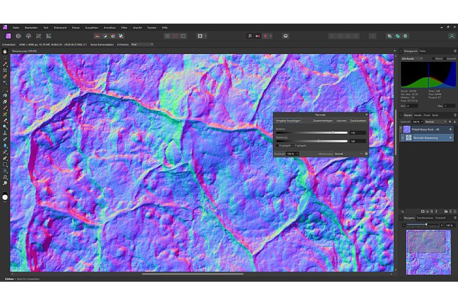 Bild Mit der Normal Maps können Bump-Maps bearbeitet werden. Diese lassen sich dann als Beleuchtungsebene in 3D-Renderprogrammen einsetzen. [Foto: Serif]