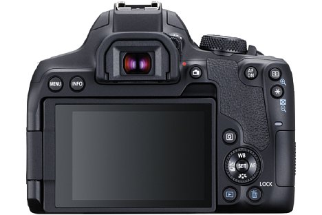 Bild Die Canon EOS 850D besitzt einen flexibel schwenk- und drehbaren Touchscreen mit einer Diagonale von 7,5 Zentimetern. Der Spiegelreflexsucher zeigt bei einer kleinbildäquivalenten 0,54-fachen Vergrößerung 95 Prozent des Bildfelds. [Foto: Canon]