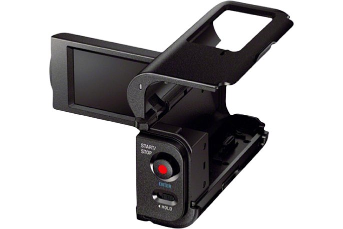 Bild Die Sony Actioncam wird in den AKA-LU1 Handgriff mit LC-Display eingesetzt und dadurch deutlich größer und besser zu halten. Der Monitor ist frei schwenkbar. [Foto: Sony]