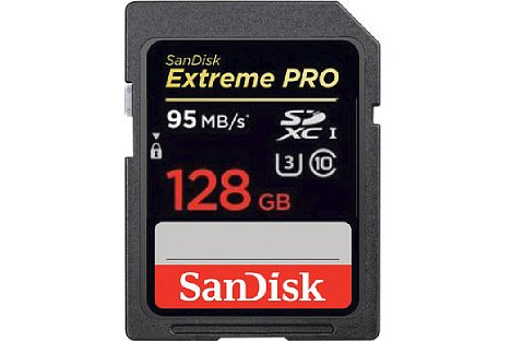 Bild Die SanDisk Extreme PRO SDXC I Class 10 U3 128 GB schreibt zwar nur bis zu 90 MB/s schnell, garantiert aber ein Mindesttempo von 30 MB/s und eignet sich damit für 4K-Videoaufnahmen. [Foto: SanDisk]