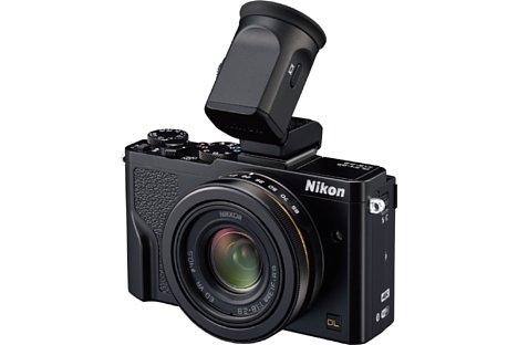 Bild Über den Blitzschuh der Nikon DL24-85 f/1.8-2.8 sowie der DL18-50 f/1.8-2.8 lässt sich der klappbare Aufstecksucher DF E1  anschließen. [Foto: Nikon]