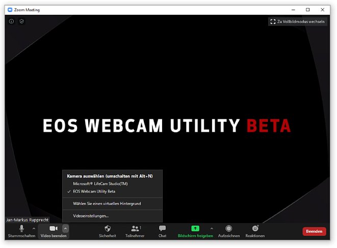Bild Wenn keine Kamera angeschlossen ist oder die angeschlossene Canon-Kamera nicht kompatibel ist, wird statt dem Kamerabild ein Standbild mit dem Schriftzug 'EOS Webcam Utility Beta' angezeigt. [Foto: MediaNord]