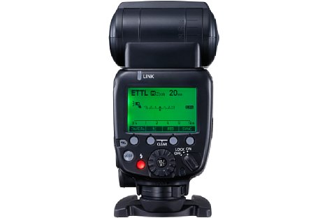 Bild Auf der Rückseite bietet der Canon Speedlite 600EX II-RT ein beleuchtetes LC-Display zur Kontrolle der Einstellungen, wie etwa das Drahtlosblitzen mit Funk und 30 Metern Reichweite. [Foto: Canon]