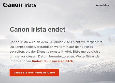 Bild Canon Irista wird zum 31.01.2020 geschlossen. [Foto: Canon, Screenshot: MediaNord]
