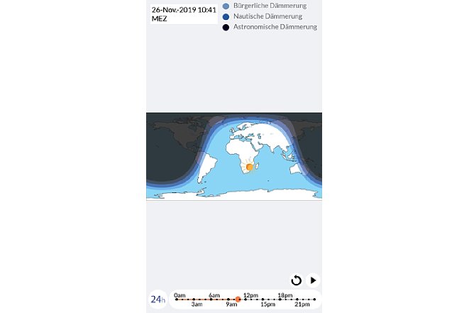 Bild Eine Weltkartenansicht zeigt, in welchem Tagesbereich man sich gerade befindet. Auch hier kann die Tageszeit über die Zeitleiste verschoben werden. [Foto: Medianord]