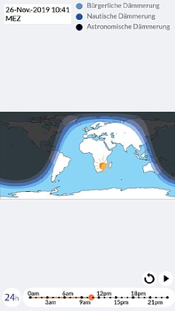 Bild Eine Weltkartenansicht zeigt, in welchem Tagesbereich man sich gerade befindet. Auch hier kann die Tageszeit über die Zeitleiste verschoben werden. [Foto: Medianord]