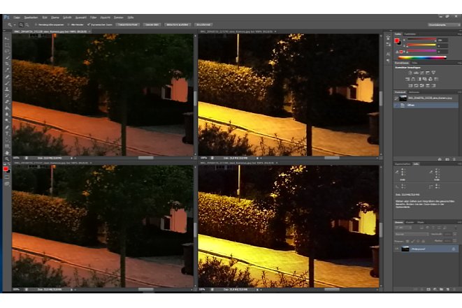 Bild Huawei P9 Plus Bildvergleich (100 % Zoom). Aufnahmen in der Dämmerung, oben mit abgedeckter Graustufenkamera, unten als Dual-Kamera-Aufnahme. Den Original-Screenshot können Sie über die weiterführenden Links laden. [Foto: MediaNord]