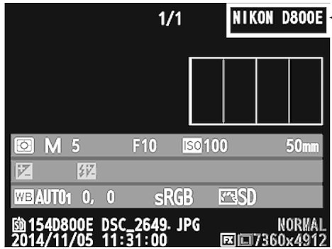 Bild Anzeige des Kameratyps in der Übersichtsanzeige der Bildwiedergabe einer Nikon D800E. [Foto: Nikon]