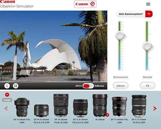 Bild Darüber hinaus zeigt der Canon-Simulator, mit welchen Objektiven sich das gezeigte Ergebnis erreichen lässt. [Foto: MediaNord]