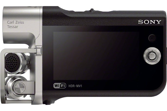 Bild Seitenansicht des Sony HDR-MV1 mit dem 2,7-Zoll-Farbmonitor und dem dem "Joystick" zur Menübedienung. Den kleinen schwarzen Wiedergabeknopf darüber sieht und fühlt man kaum. [Foto: Sony]