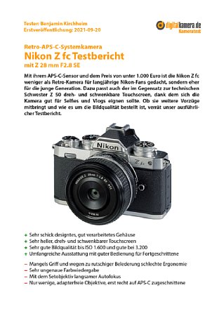 Bild Die Premium-Version unser ausführlichen Testberichte, hier der von der Nikon Z fc, enthält bereits auf der Titelseite die Plus/Minus-Bewertung für einen schnellen Überblick. [Foto: MediaNord]