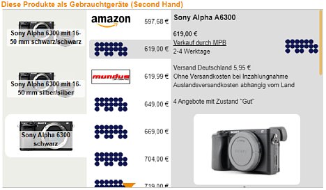 Bild digitalkamera.de-Gebrauchtgeräte-Widget am Beispiel der Sony Alpha 6300. [Foto: MediaNord]
