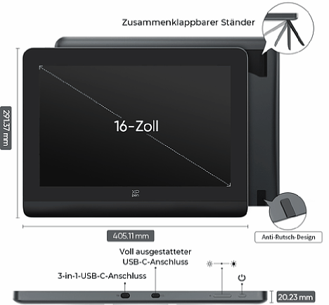 Bild Die aktive Fläche des XP Pen Artist Pro 16 Gen 2 Stift-Displays hat eine Diagonale von 16", was etwa 40 Zentimeter entspricht. Die USB-C-Schnittstellen sind auf der Stirnseite untergebracht. [Foto: XP Pen]