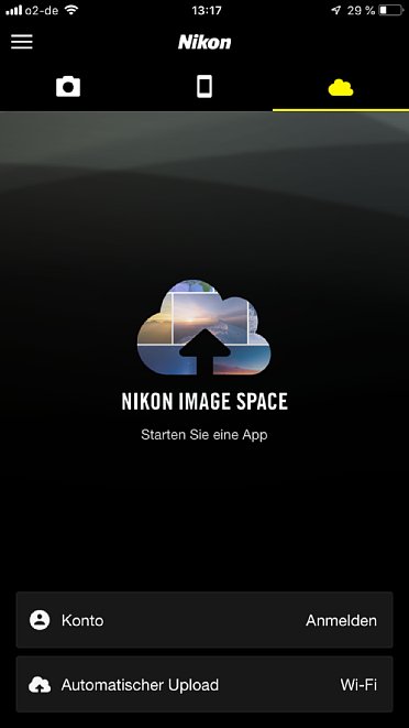 Bild Der Nikon Image Space Bilder-Dienst besitzt in der Snapbridge-App zwar einen eigenen Reiter, dieser dient aber nur der Anmeldung und der Konfiguration des Uploads. Um die Fotos aus dem Image Space anzuzeigen, benötigte man die Image Space App. [Foto: MediaNord]