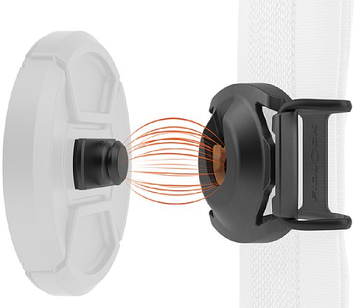 Das Magnetfeld des Fidlock SnapSnap Lens Cap Clip führt den Objektivdeckel zum Halter am Schultergurt. [Foto: Fidlock]