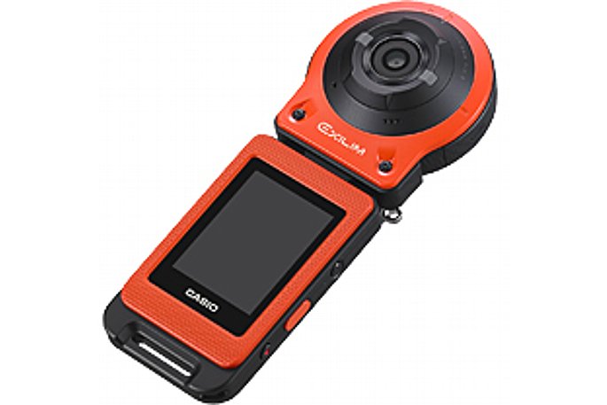 Bild Die Casio Exilim EX-FR10 zusammengesteckt zur Selfie-Kamera in der Farbvariante Rot. [Foto: Casio]