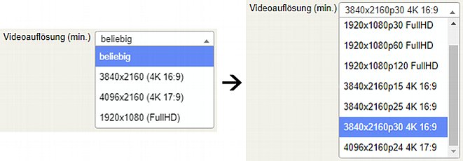 Bild Neues Feature in der Kamerasuche: Jetzt kann bei der Videoauflösung auch nach der gewünschten Bildrate gesucht werden (links die alte, rechts die neue Suche). [Foto: MediaNord]