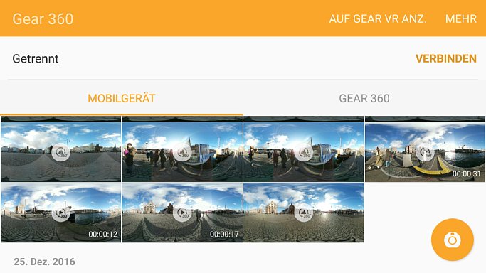 Bild Die Gear 360 Manager App. Hier der Browser, mit dem du dir die Fotos und Videos anzeigen lassen kannst, die bereits auf das Mobilgerät heruntergeladen sind, oder die auf der Speicherkarte in der Gear 360 Kamera gespeichert sind. [Foto: MediaNord]