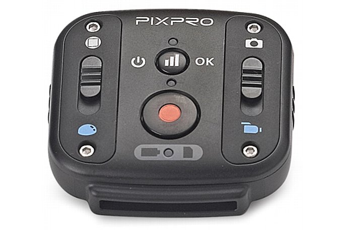 Bild Mit der einfachen Fernbedienung des Kodak Pixpro SP360 4K Dual Pro Pack kannst du bis zu 10 Kameras synchron steuern. Du kannst die Aufnahme starten und stoppen und zwischen Foto und Video umschalten. [Foto: JK Imaging]