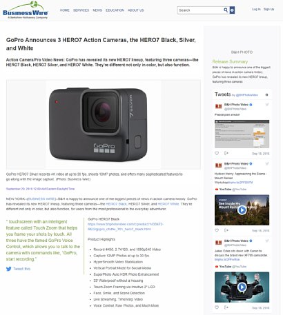 Bild B&H, ein großer Fotohändler aus New York, leakt die neuen GoPro-Kameras per Pressemitteilung einige Stunden vor der offiziellen Ankündigung durch GoPro. [Foto: BusinessWire, Screenshot: MediaNord]
