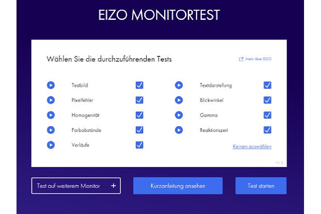 Bild Die Startseite des Eizo Monitortests bietet dem Anwender unterschiedliche Testtafeln an. [Foto: Eizo]